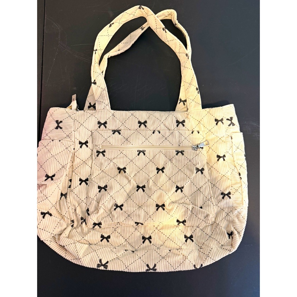 Women's Cream & Black Quilted Geometric Tote, Double Handles, Zip Closure